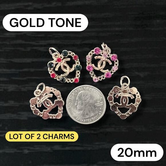 Lot of 2 CC Gold Tone Heart Zipper Pull Button Charms 20mm - Picture 1 of 1